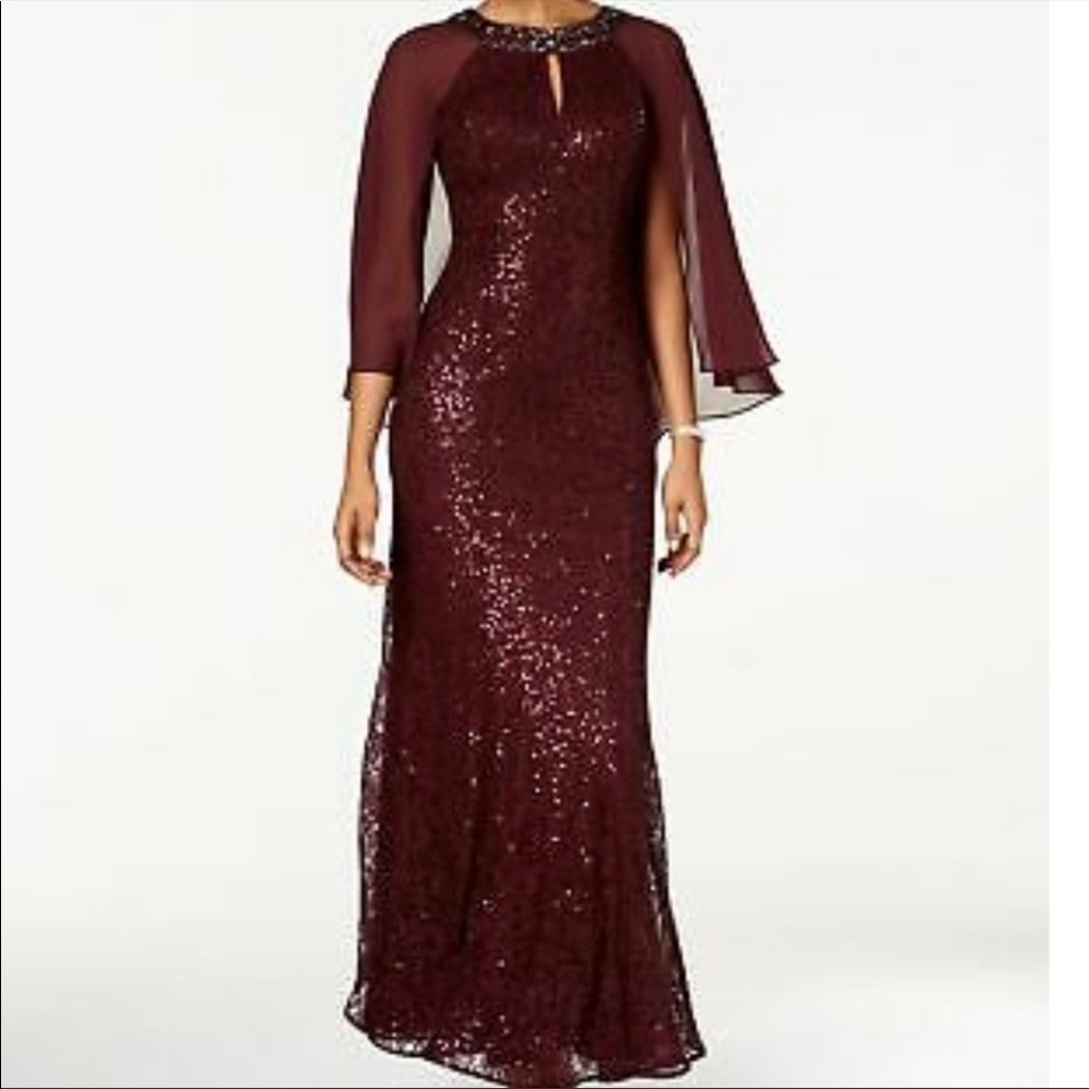 Sequin Capelet Rhinestone Collar Burgundy Wine Sheath Gown